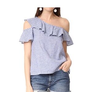 Madewell One Shoulder Ruffle Top Blue White Stripe Size 4 Linen Cotton Blend